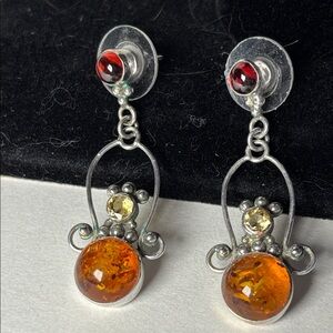 Vintage Sterling Silver Baltic Amber and Garnet Dangle Post Back Earrings